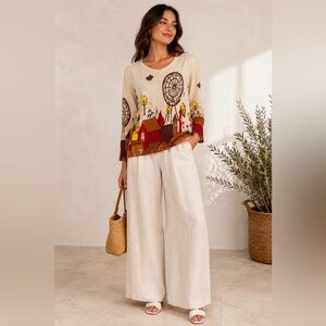 Ness Cream Scenic Print V-Neck Sweater